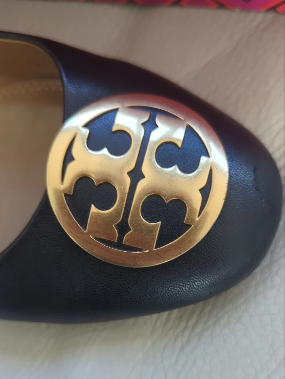 Tory Burch Black Leather Ballet Flats with Gold Logo Medallion